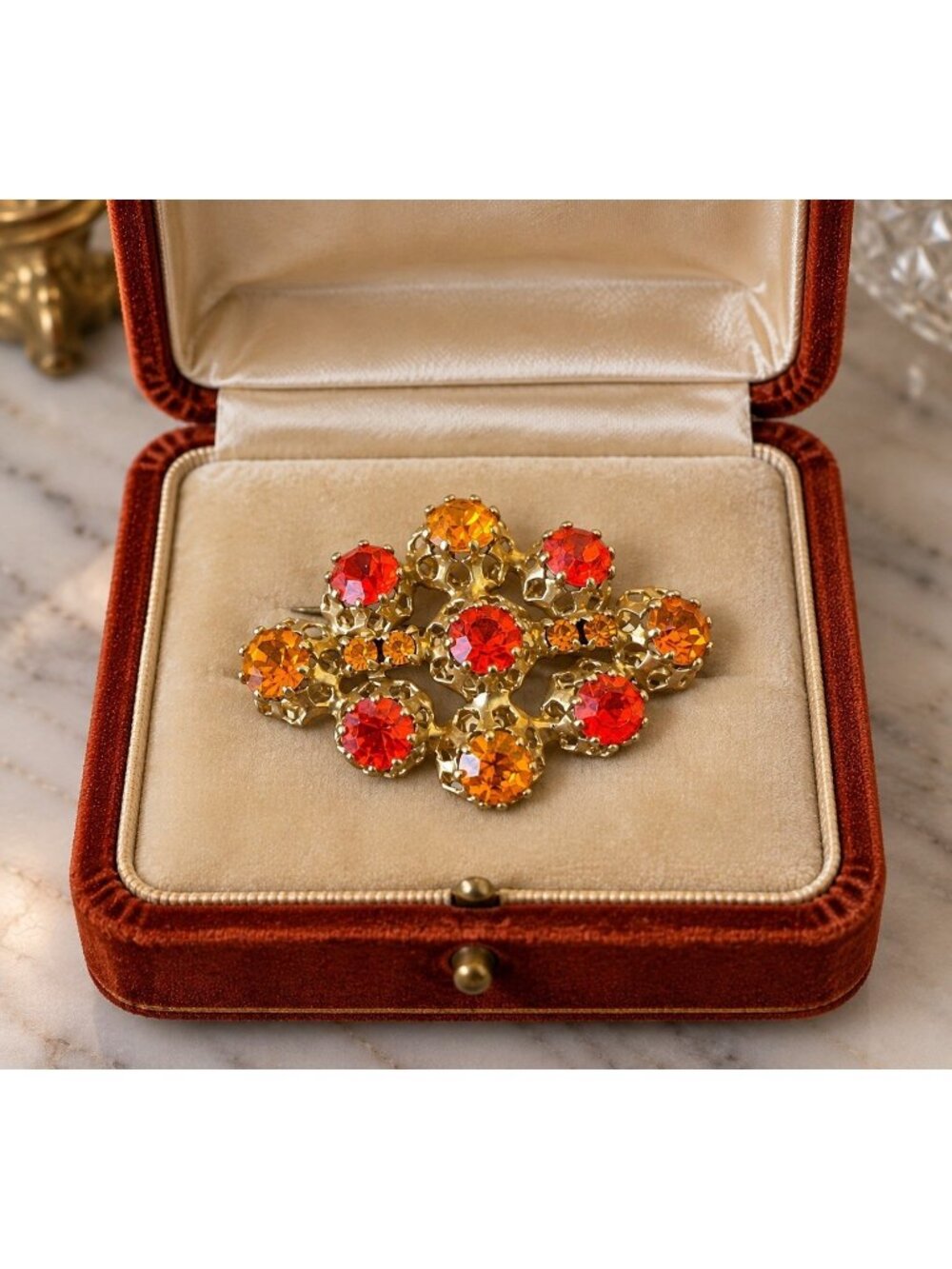 Vintage Rhinestone Brooch Austria Regency Revival Orange Gold Tone Filigree Pin